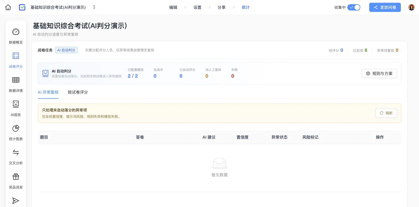 基础知识综合考试 AI 自动判分页面，展示配置题目、评分数量和异常复核状态