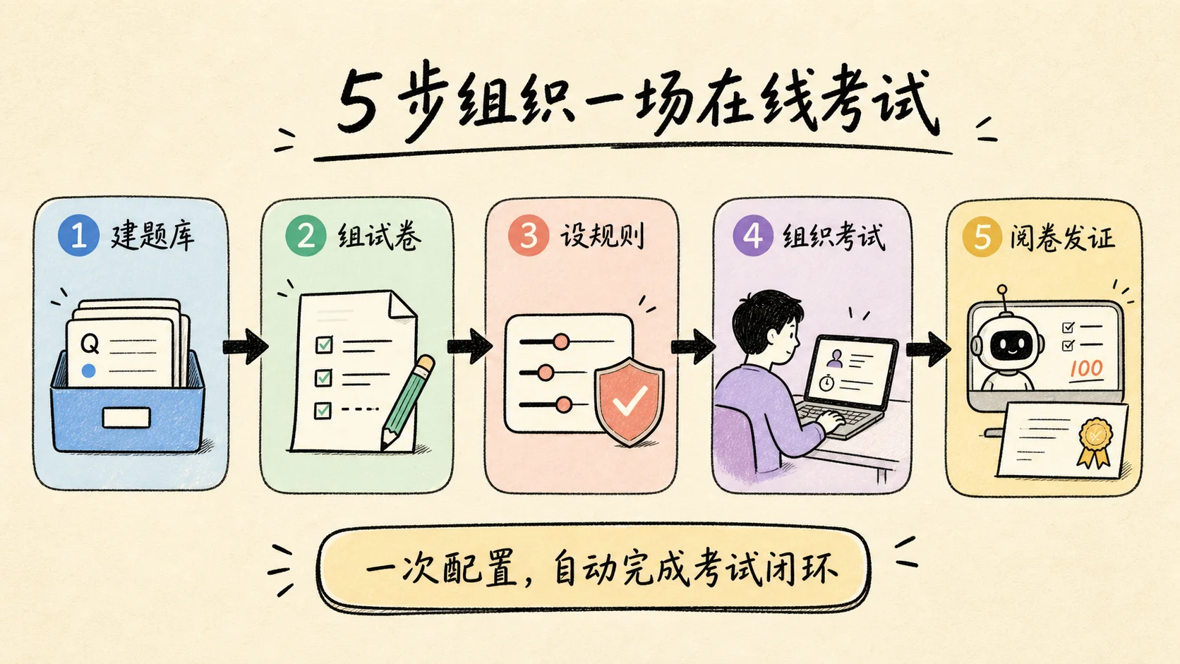 卷王在线考试五步流程：建题库、组试卷、设规则、组织考试和阅卷发证