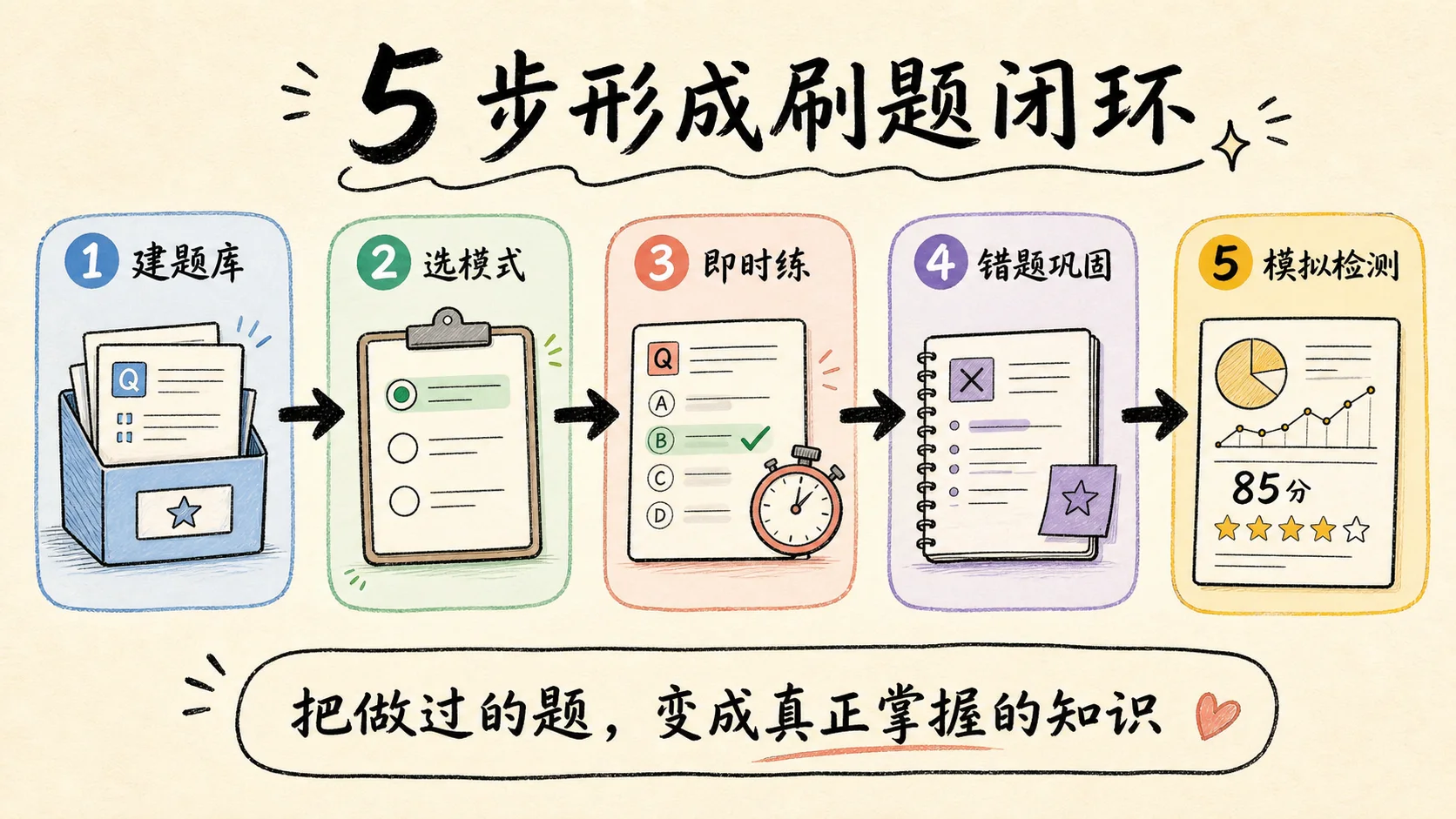 卷王题库刷题五步流程：建题库、选模式、即时练、错题巩固和模拟检测