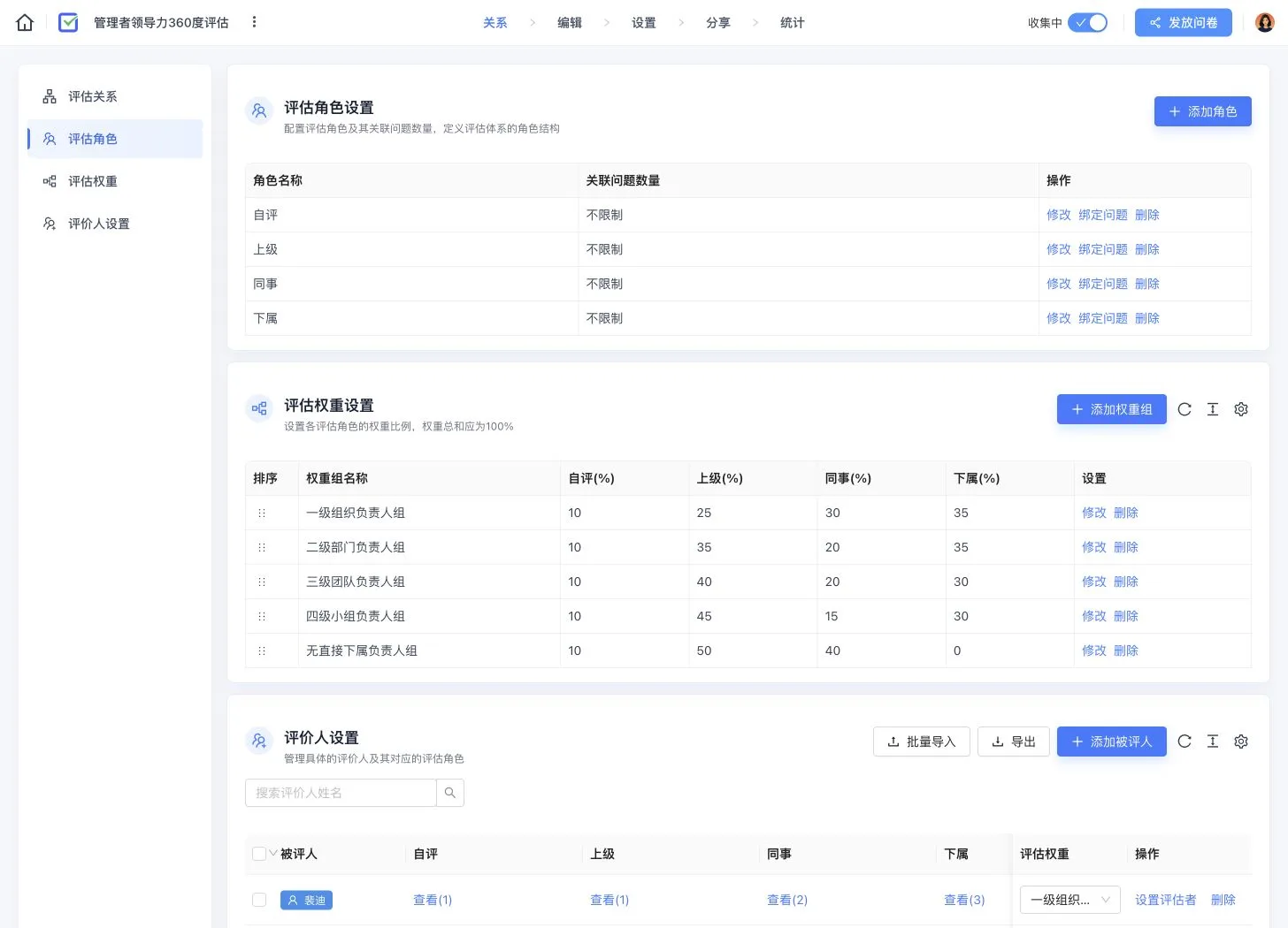 管理者领导力 360 度评估关系页，展示四类角色、权重组、被评人和评价人数量