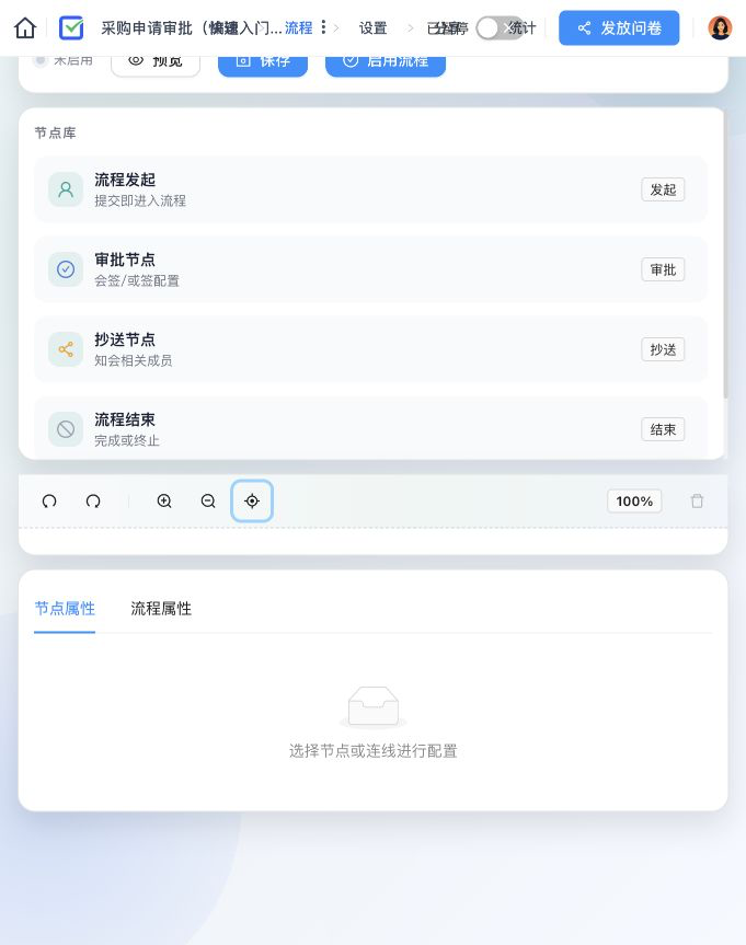 审批流程设计器，左侧显示流程发起、审批节点、抄送节点和流程结束，画布中提供默认流程结构